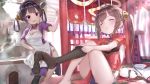  2girls :d :o adjusting_clothes adjusting_legwear ahoge apron ass azur_lane bangs barefoot black_hair black_legwear blurry blush breasts brown_hair china_dress chinese_clothes cleavage cleavage_cutout closed_eyes commentary_request contrapposto depth_of_field dress eyebrows_visible_through_hair feet_out_of_frame hair_ornament hair_rings hairband highres holding indoors kachayori kitchen knees_up ladle long_hair looking_at_viewer medium_breasts multiple_girls ning_hai_(azur_lane) open_mouth panties panty_peek parted_lips pillow ping_hai_(azur_lane) pot single_thighhigh sitting sleepy smile standing steam stuffed_animal stuffed_panda stuffed_toy thigh-highs twintails underwear v-shaped_eyebrows violet_eyes white_panties 