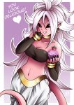  1girl absurdres android_21 android_21_(evil) black_gloves black_sclera bracelet breasts bridal_gauntlets cleavage collar commentary cupcake dragon_ball dragon_ball_fighterz earrings elbow_gloves fang food fruit gloves hand_on_own_cheek harem_pants heart highres hoop_earrings jewelry light_blush long_hair looking_at_viewer majin_android_21 metal_collar midriff monster_girl nail_polish navel pants papermoon92 pink_skin pointy_ears red_eyes solo spiky_hair strawberry tail white_hair 