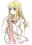  1girl blonde_hair blue_eyes blush earrings eyebrows_visible_through_hair fullmetal_alchemist happy jacket jewelry long_hair looking_away pink_shirt shirt simple_background smile solo_focus tsukuda0310 white_background white_jacket winry_rockbell 