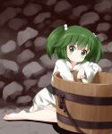  1girl barefoot black_sash blush bucket collarbone commentary_request eyebrows_visible_through_hair green_eyes green_hair hair_bobbles hair_ornament highres japanese_clothes kimono kisume long_sleeves looking_at_viewer ruu_(tksymkw) sash sitting solo touhou two_side_up wariza white_kimono wide_sleeves wooden_bucket 