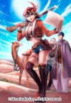  1girl 2boys belt boots breasts brown_hair camel cleavage company_name earrings feathers fur_trim gem gun gyakushuu_no_fantasica highres jewelry midriff multiple_boys navel official_art open_mouth sky sparkle sun teeth thigh-highs thigh_boots turban weapon yamagishi_chihiro 