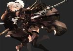  1boy 1girl black_dress blue_eyes boots dress hairband juliet_sleeves leotard long_sleeves mole mole_under_mouth nier_(series) nier_automata puffy_sleeves pvc_parfait ribbed_dress smile sword thigh-highs thigh_boots weapon white_hair yorha_no._2_type_b yorha_no._9_type_s 
