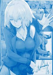  1boy 1girl ahoge anger_vein blue breasts cleavage comic commentary_request crowd fate/grand_order fate_(series) fujimaru_ritsuka_(male) fur_trim jeanne_d&#039;arc_(alter)_(fate) jeanne_d&#039;arc_(fate)_(all) jewelry large_breasts monochrome necklace open_mouth short_hair silent_comic syatey train_interior 