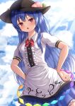1girl apron black_headwear blouse blue_bow blue_hair blue_skirt bow bowtie buttons cloud cross-laced_footwear day dress_shirt food frills fruit hand_on_hip hat highres hinanawi_tenshi leaf long_hair looking_at_viewer neck_ribbon peach puffy_short_sleeves puffy_sleeves rainbow_gradient rainbow_order red_bow red_eyes reijing_etrn ribbon shirt short_sleeves simple_background skirt solo touhou white_background white_shirt wing_collar
