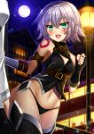  1girl :d armpits backlighting bangs bare_shoulders black_gloves black_legwear black_panties black_vest blush breasts buckle building cleavage cleavage_cutout colored_eyelashes cowboy_shot elbow_gloves eyebrows_visible_through_hair facial_scar fate/grand_order fate_(series) fingerless_gloves fujimaru_ritsuka_(female) full_moon gloves green_eyes house jack_the_ripper_(fate/apocrypha) lamppost long_sleeves looking_to_the_side moon navel night night_sky no_pants open_mouth out_of_frame outdoors panties scar scar_across_eye shibata_rai short_hair shoulder_tattoo silhouette silver_hair single_elbow_glove single_fingerless_glove sky sleeveless small_breasts smile solo_focus sparkle standing stomach tattoo thigh-highs thighs tsurime underbust underwear vest 