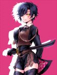  1girl black_gloves blush eyepatch formal genderswap genderswap_(mtf) gloves looking_at_viewer pink_background sheath sheathed shokudaikiri_mitsutada skindentation skirt smile solo suit sword thigh-highs touken_ranbu upper_body weapon yabukita yellow_eyes 