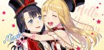  2girls :d ^_^ bang_dream! bangs black_hair black_hat blonde_hair blue_eyes blush bow character_name closed_eyes commentary_request earrings english eyebrows_visible_through_hair hair_ornament hairclip hat hat_bow hat_removed headwear_removed highres hug jacket jewelry long_hair multicolored multicolored_polka_dots multiple_girls okusawa_misaki open_mouth polka_dot polka_dot_background polka_dot_bow red_bow red_jacket shirt smile star tiny_(tini3030) top_hat tsurumaki_kokoro upper_teeth very_long_hair white_shirt yellow_background 