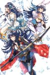  3girls alternate_costume animal_ears blue_eyes blue_hair butterfly easter_egg egg fire_emblem fire_emblem:_kakusei fire_emblem_heroes flower hair_flower hair_ornament leotard long_hair looking_at_viewer lucina multiple_girls multiple_persona polearm puffy_short_sleeves puffy_sleeves rabbit_ears shield short_sleeves simple_background spear sword wani_(fadgrith) weapon 
