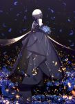  1girl absurdres artist_name artoria_pendragon_(all) bangs bare_shoulders black_background black_dress black_gloves black_ribbon blonde_hair blue_flower bouquet braid breasts chinese_commentary commentary_request dress elbow_gloves empty_eyes eyebrows_visible_through_hair falling_petals fate/stay_night fate_(series) flower french_braid from_behind full_body gloves gothic_lolita gown hair_between_eyes hair_bun hair_ribbon half-closed_eyes highres holding holding_bouquet light_particles light_smile lolita_fashion long_dress looking_at_viewer looking_back magicians_(zhkahogigzkh) pale_skin parted_lips petals ribbon saber_alter shade short_hair sidelocks small_breasts solo standing yellow_eyes 