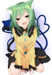  1girl animal_ears black_hat black_skirt blue_background breasts cat_ears cat_tail gradient gradient_background green_eyes green_hair hat hat_removed head_tilt headwear_removed highres karasusou_nano kemonomimi_mode komeiji_koishi long_hair long_sleeves looking_at_viewer medium_breasts miniskirt open_mouth shirt sitting skirt smile solo tail third_eye touhou wariza white_background yellow_shirt 