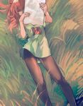  1girl bangs brown_legwear commentary_request feet_out_of_frame gluteal_fold grass green_shirt hair_between_eyes holding kibadori_rue looking_at_viewer lying on_back original pantyhose red_eyes redhead shirt short_sleeves solo 