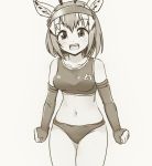  1girl :d animal_ears bangs bare_shoulders buruma commentary_request cowboy_shot elbow_gloves eyebrows_visible_through_hair fingerless_gloves gazelle_ears gazelle_horns gloves grey_background greyscale gym_uniform headband horns kemono_friends legs_together looking_at_viewer monochrome navel open_mouth short_hair simple_background smile solo standing tank_top thomson&#039;s_gazelle_(kemono_friends) totokichi 