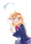  1girl :d blazer blue_eyes blue_feathers blue_jacket blue_skirt bow bowtie commentary_request feathers hair_bow highres holding_feather jacket kousaka_honoka long_sleeves looking_up love_live! love_live!_school_idol_project medium_hair one_side_up open_mouth orange_hair otonokizaka_school_uniform pleated_skirt simple_background skirt smile solo striped_neckwear sudach_koppe upper_teeth white_background white_feathers yellow_bow 