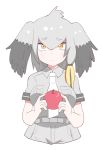  1girl apple blush breast_pocket eyebrows_visible_through_hair food frown fruit holding holding_food kemono_friends ko1mitaka looking_at_viewer multicolored_hair necktie pocket shoebill_(kemono_friends) short_sleeves solo 