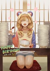  1boy animal_hood blush bow bowl crossdressinging cutoffs dated fangs flower_(symbol) food hair_bow hair_ribbon happy_birthday highres hirayama_ityu hood hoodie i-chu long_hair male_focus oikawa_momosuke ribbon short_shorts shorts smile solo spoon too_many too_many_bowls trap twintails 