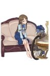  1girl black_cat blue_hat blue_skirt brown_eyes brown_hair cat couch dressing full_body hat hat_removed headwear_removed highres long_hair looking_at_viewer official_art on_couch pantyhose princess_principal princess_principal_game_of_mission shirley_collins sitting skirt smile transparent_background very_long_hair watch wheelchair 
