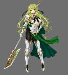 1girl apt armor armored_boots boots breasts cape center_opening full_body gloves green_eyes green_hair grey_background gyakushuu_no_fantasica highres long_hair official_art polearm simple_background solo spear weapon 