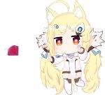  1girl :&lt; ahoge animal_ears azur_lane bailingxiao_jiu bangs blonde_hair blush brown_eyes cat_ears cat_girl cat_tail chibi closed_mouth commentary_request detached_sleeves dress eldridge_(azur_lane) electricity eyebrows_visible_through_hair full_body hair_ornament heart heart-shaped_pupils highres kemonomimi_mode long_hair long_sleeves low_twintails puffy_long_sleeves puffy_sleeves ruby_(stone) simple_background sleeveless sleeveless_dress sleeves_past_wrists solo standing standing_on_one_leg symbol-shaped_pupils tail thigh-highs twintails very_long_hair white_background white_dress white_legwear 