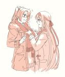  2girls adjusting_scarf blush coat cowboy_shot eyebrows_visible_through_hair flying_sweatdrops hair_ribbon headband kantai_collection long_hair long_sleeves monochrome multiple_girls parted_lips ribbon scarf scatf shoukaku_(kantai_collection) simple_background smile sweater twintails weidashming zuikaku_(kantai_collection) 