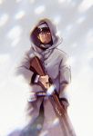  1boy belt black_hair blurry cloak closed_mouth commentary die facial_hair glowing glowing_eye golden_kamuy gun hat holding holding_gun holding_weapon hood hood_up hooded_cloak looking_at_viewer male_focus military military_hat military_uniform outdoors peaked_cap rifle short_hair snow snowing solo trigger_discipline tsukishima uniform weapon 