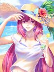  1girl :d absurdres beach bikini bikini_under_clothes crazy_straw cup drinking_glass drinking_straw fate/grand_order fate_(series) flower food fruit hat hat_flower highres lemon lemon_slice long_hair looking_at_viewer ocean off_shoulder open_mouth purple_hair red_eyes scathach_(fate/grand_order) smile solo straw_hat sun_hat swimsuit tank_top very_long_hair yuanzui_primo 