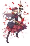  1girl black_footwear black_legwear boots cross-laced_footwear dress dual_wielding elena_clay flower full_body gloves gun hairband hat highres holding holding_gun holding_weapon light_brown_hair long_hair looking_at_viewer official_art pantyhose petals princess_principal princess_principal_game_of_mission red_dress red_hat rose shoes smile solo standing submachine_gun teeth_hold thompson_submachine_gun violet_eyes weapon white_gloves 