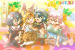  4girls :d ^_^ animal_ears backpack bag black_hair blonde_hair breast_rest breasts character_request cheek_poking closed_eyes commentary_request copyright_name copyright_request creator_connection highres horns hug japari_symbol kaban_(kemono_friends) kemono_friends long_hair lucky_beast_(kemono_friends) multiple_girls off_shoulder open_mouth paper_airplane pink_hair poking sailor_collar serval_(kemono_friends) serval_ears serval_print serval_tail short_hair smile tail takecho 