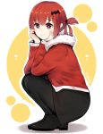  1girl bat_hair_ornament black_footwear black_skirt coat eyebrows_visible_through_hair fang fur_coat gabriel_dropout hair_ornament hair_ribbon hair_rings hands_on_own_cheeks hands_on_own_face highres kurumizawa_satanichia_mcdowell looking_at_viewer pantyhose red_coat redhead ribbon skirt smile solo squatting tadada violet_eyes white_pupils 