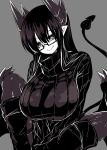  1girl blush boots breasts closed_mouth commentary_request demon_girl demon_horns demon_tail demon_wings grey_background greyscale highres horns huge_breasts knee_up looking_at_viewer merii_(musuko_ga_kawaikute_shikatanai_mazoku_no_hahaoya) monochrome musuko_ga_kawaikute_shikatanai_mazoku_no_hahaoya pantyhose pointy_ears ribbed_sweater semi-rimless_eyewear simple_background smile sweater tail thukimidanngo under-rim_eyewear wings 