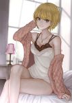  1girl bare_legs bed black_bra blonde_hair blurry blurry_background bra breasts camisole cleavage closed_mouth commentary cup curtains depth_of_field feet_out_of_frame green_eyes hand_up idolmaster idolmaster_cinderella_girls indoors jacket jewelry lamp large_breasts legs_crossed miyamoto_frederica necklace off_shoulder on_bed open_clothes open_jacket short_hair sitting smile solo steam underwear window yasukura_(shibu11) 