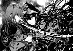  1boy 1girl bangs cape closed_mouth eyebrows_visible_through_hair fate/grand_order fate_(series) flower greyscale hair_between_eyes hat highres holding holding_sword holding_weapon jacket katana long_hair long_sleeves looking_at_another low_twintails monochrome oda_nobukatsu_(fate/grand_order) oda_nobunaga_(fate) peaked_cap rioka_(southern_blue_sky) rose sword twintails weapon 