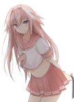  1boy alternate_hairstyle arms_behind_back astolfo_(fate) fate/grand_order fate_(series) hair_tie highlights midriff mobu multicolored_hair navel pink_hair pink_skirt school_uniform skirt trap white_background 