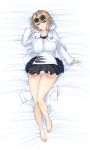  1girl absurdres bare_legs barefoot bed_sheet blonde_hair blue_eyes breasts chains collarbone curvy dress full_body glasses highres hood hooded_jacket jacket large_breasts letter long_sleeves lying masao on_back original panties parted_lips plump shirt short_dress short_hair solo tears torn_clothes torn_paper underwear white_panties 