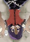  1girl arms_up bangs black_hair blush breasts commentary_request fangs hat highres looking_at_viewer lying medium_breasts miyako_yoshika ofuda on_back open_mouth purple_hat restrained shika_miso short_hair short_sleeves skirt solo_focus sweat touhou translation_request upside-down violet_eyes 