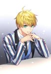 1boy arthur_pendragon_(fate) black_neckwear blonde_hair collared_shirt elbows_on_table fate/grand_order fate_(series) gradient gradient_background green_eyes hands_up jacket kangetsu_(fhalei) long_sleeves looking_at_viewer necktie own_hands_together parted_lips shirt smile solo white_shirt wing_collar