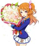  1girl :d aikatsu! blush bouquet brown_hair commentary flower hair_ribbon happy happy_birthday looking_at_viewer minatsuki_randoseru one_side_up oozora_akari open_mouth pink_eyes pink_ribbon ribbon school_uniform smile solo starlight_academy_uniform 