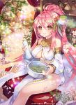  1girl blue_n breasts cherry_blossoms cleavage company_name copyright_name flower gyakushuu_no_fantasica hair_flower hair_ornament leaf long_hair official_art petals pink_hair ponytail sitting solo sparkle yellow_eyes 
