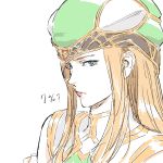  1girl blue_eyes brown_hair freya_(valkyrie_profile) green_hat hat highres light_frown lips long_hair looking_at_viewer nazoani_museum parted_lips pink_lips sanpaku simple_background sketch solo upper_body valkyrie_profile white_background 