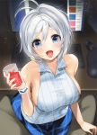  1girl :d blue_eyes blush breasts computer cup dennou_shoujo_youtuber_shiro drinking_glass happy indoors keyboard large_breasts looking_at_viewer mouse mousepad ogino_atsuki open_mouth shiro_(dennou_shoujo_youtuber_shiro) short_hair sideboob skirt smile table white_hair 