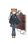  1girl :d antique_telephone bangs beatrice_(princess_principal) black_cape blunt_bangs brown_eyes brown_footwear brown_hair bun_cover cape desk double_bun full_body highres looking_at_viewer official_art open_mouth phone princess_principal princess_principal_game_of_mission short_hair smile solo standing transparent_background 