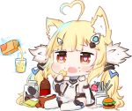  1girl ahoge animal_ears arm_support azur_lane bag_of_chips bailingxiao_jiu bangs bare_shoulders blonde_hair brown_eyes candy carton cat_ears chibi chips commentary_request cup detached_sleeves dress drinking_glass eldridge_(azur_lane) electricity eyebrows_visible_through_hair fang food food_on_face full_body fur_trim hair_ornament hamburger heart heart-shaped_pupils heart_ahoge holding juice juice_box lollipop long_hair long_sleeves open_mouth potato_chips puffy_long_sleeves puffy_sleeves simple_background sitting soda_bottle solo symbol-shaped_pupils thigh-highs torpedo twintails very_long_hair white_background white_dress white_legwear 