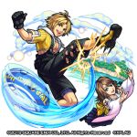  ball beach blitzball blonde_hair brown_hair final_fantasy final_fantasy_x gloves looking_at_viewer lowres monster_strike official_art solo tidus water wide_sleeves yuna 