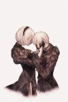  1boy 1girl black_dress black_hairband closed_eyes dress gloves hairband hands_on_another&#039;s_face highres juliet_sleeves long_sleeves maekakekamen nier_(series) nier_automata no_blindfold puffy_sleeves short_hair simple_background standing white_hair yorha_no._2_type_b yorha_no._9_type_s 