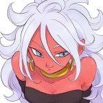  1girl android_21 android_21_(good) bandeau bare_shoulders blue_eyes breasts choker cleavage collarbone dragon_ball dragon_ball_fighterz ear_piercing earrings half-closed_eyes highres hoop_earrings jewelry long_hair majin_android_21 messy_hair monster_girl off_shoulder piercing pointy_ears smile strapless tkgsize tubetop upper_body very_long_hair white_hair 