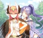  2girls aunt_and_niece bracelet breasts caster_lily circe_(fate/grand_order) dress eyebrows_visible_through_hair fate/grand_order fate_(series) feathered_wings feathers hair_feathers hair_ornament irritated jewelry long_hair multiple_girls necklace nyakelap open_mouth pink_eyes pink_hair pointy_ears ponytail purple_hair small_breasts smile tree very_long_hair wings 