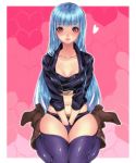  1girl abs angel_(kof) angel_(kof)_(cosplay) black_panties blue_hair boots chaps cosplay cropped_jacket fingerless_gloves gloves hifumi_(art_sky_littel) highres jacket kula_diamond long_hair looking_at_viewer navel panties red_eyes snk solo the_king_of_fighters the_king_of_fighters_xiv thighs underwear 