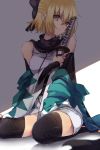  1girl blonde_hair bow breasts fate/grand_order fate_(series) hair_bow highres holding holding_sword holding_weapon japanese_clothes kimono looking_at_viewer medium_breasts okita_souji_(fate) scarf short_hair sitting solo sword weapon yellow_eyes 