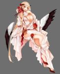  1girl apt blonde_hair breasts cleavage feathered_wings flower food fruit full_body grey_background gyakushuu_no_fantasica highres horns large_breasts long_hair official_art open_mouth pomegranate red_eyes simple_background sitting solo wings 