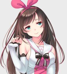  1girl a.i._channel aqua_eyes bangs bare_shoulders black_ribbon blush breasts brown_hair closed_mouth collarbone detached_sleeves double-breasted eyebrows_visible_through_hair grey_background hair_ribbon hairband head_tilt kizuna_ai koko_(koko3) long_hair long_sleeves looking_at_viewer medium_breasts pink_hair pink_hairband pink_ribbon raised_eyebrows ribbon sailor_collar shiny shiny_hair shirt sideboob simple_background smile solo swept_bangs upper_body white_sailor_collar white_shirt 