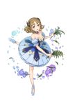  1girl :d ballet_slippers bare_shoulders blue_flowers blue_skirt brown_hair detached_sleeves flower full_body green_eyes hair_flower hair_ornament highres holding holding_flower lily_of_the_valley looking_at_viewer maria_florence official_art open_mouth princess_principal princess_principal_game_of_mission puffy_short_sleeves puffy_sleeves short_hair short_sleeves skirt smile solo standing standing_on_one_leg tiptoes 